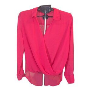 Adrienne Vittadini Hot Barbie Pink Wrap Style High Low Sheer Blouse Size Medium